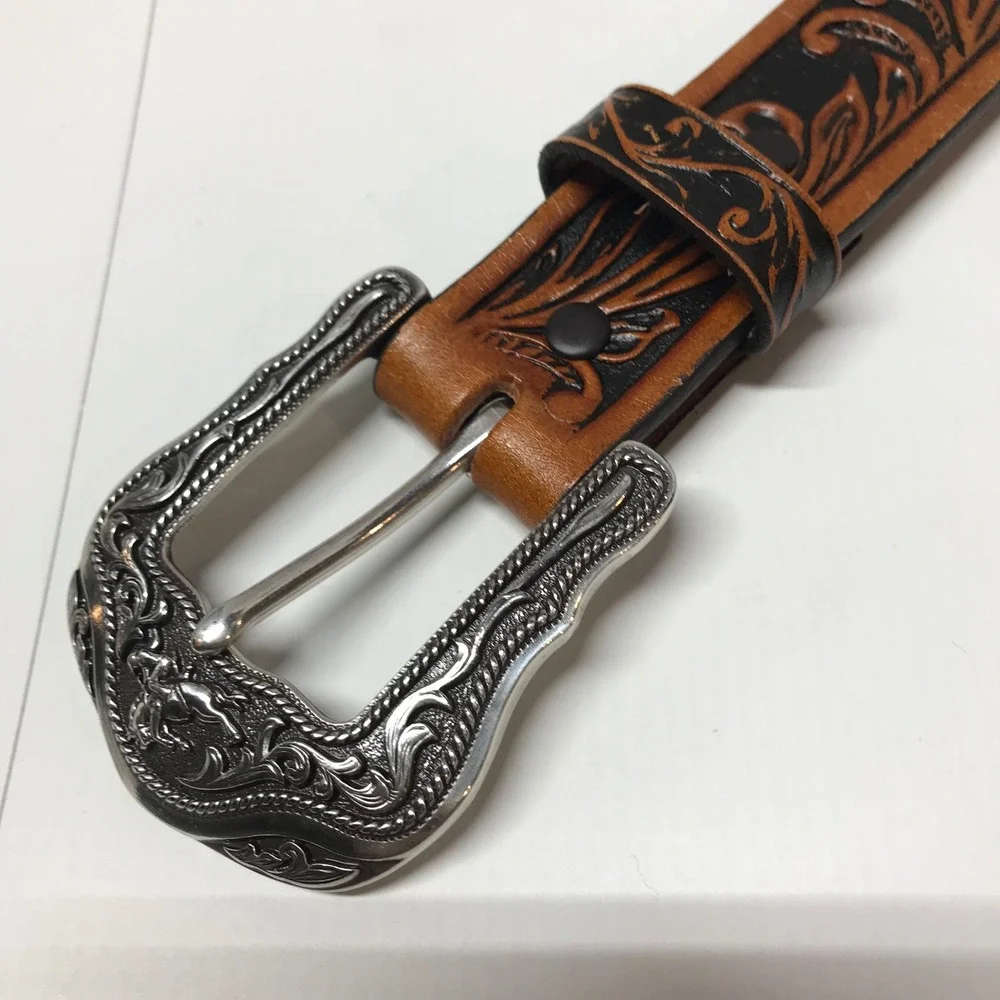 Kids‎ Western Tony Llama Tooled Leather Belt Brown Black Silver Buckle Floral